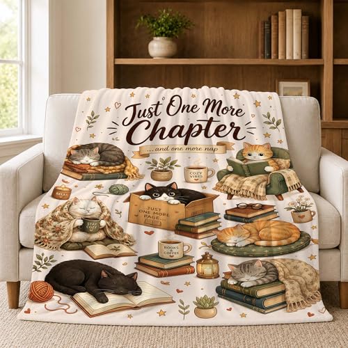 Book Lover Cat Flannel Blanket Reading Gift for Women Beige 80 x 60 inches