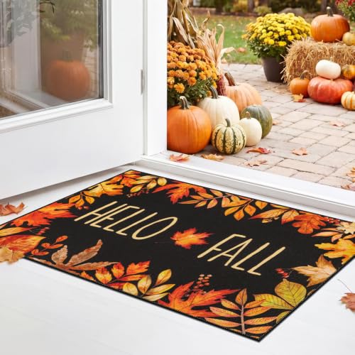 Hello Fall Maple Leaves Doormat 32x48 Inches - Seasonal Front Door Mat with Berries