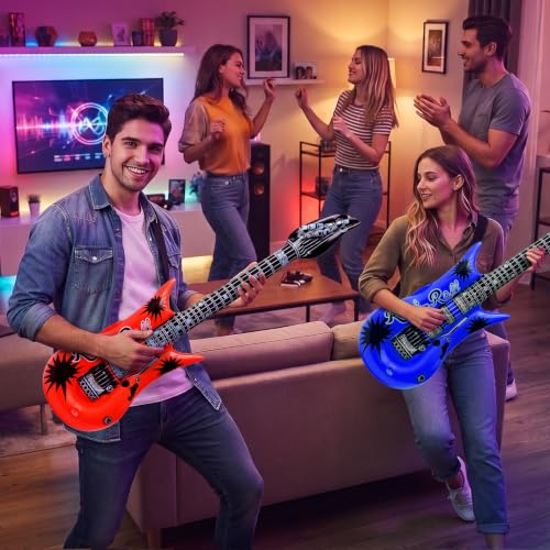 Inflatable Guitar Party Props Set - 9 Bright Color Blow Up Guitars with Pump
