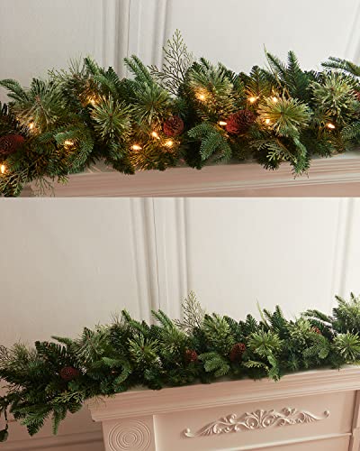 9Ft Pre-lit Christmas Garland with Pine Cones - Green PVC & PE, 50 Lights, Indoor Outdoor Holiday Decor