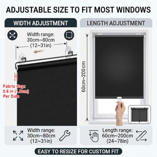Blackout Window Shade with Suction Cups - No Drill, 30W x 78H - Black / Silver