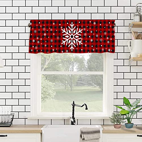 Snowflake Christmas Valance Curtain for Kitchen Window - Red Black Buffalo Check Plaid - 18x54 Inch - Pack of 1