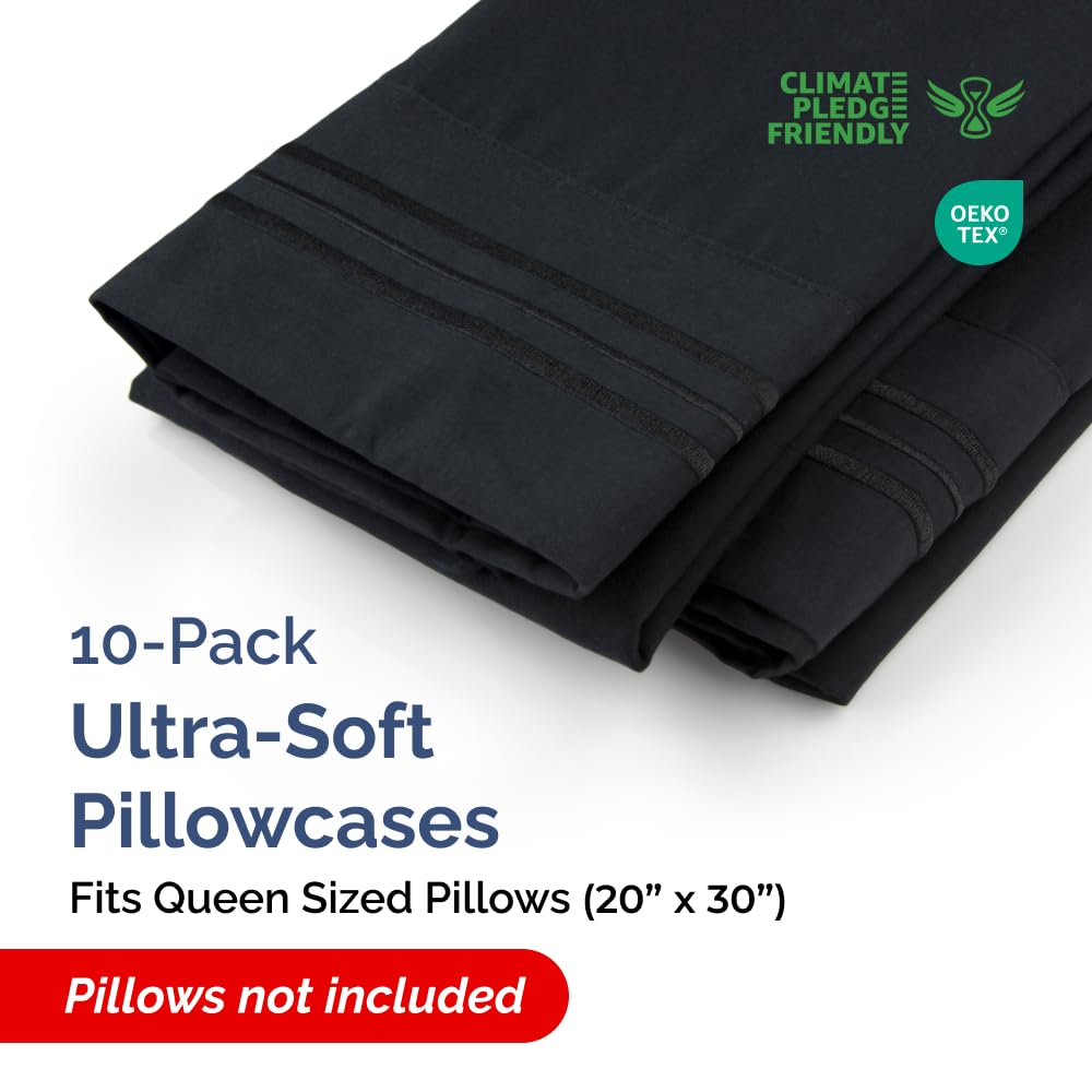 Queen Pillow Cases Set of 10 - Ultra Soft Hotel Quality Pillowcase Covers - Comfy & Wrinkle Free - Shrink, Stain and Fade Resistant - Easy-Care, Machine Washable Pillow Protectors - 10 Pcs Set - Black