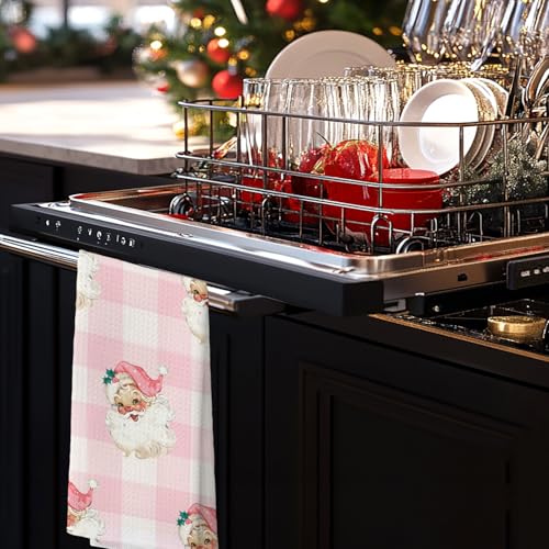Pink Christmas Kitchen Towels Set of 2 - Vintage Pink Santa Holiday Hand Towels, 16x24 Inches - Pinksanta1-Set of 2