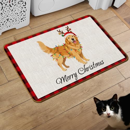 Golden Retriever Christmas Door Mat - Non-Slip Welcome Mat for Front Door - 17x30 Inch - Red and Black Plaid - Variation: Golden Retriever-1