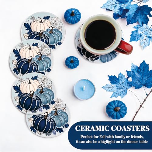 Fall Ceramic Drink Coasters Set - Blue Pumpkin Leaves Decor, 4 Pieces