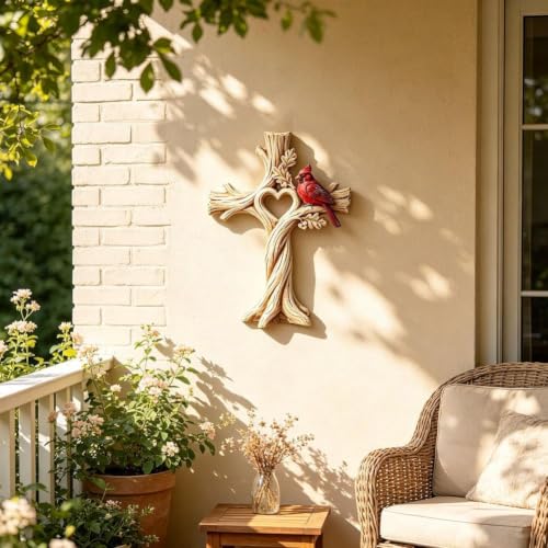 Hand-Carved Wood Garden Decor with Heart Tree and Cardinal