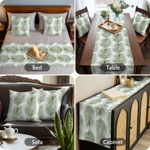Queen Size Bed Runner with Matching Pillow Covers - Green Palm Leaves 83x20 in Forest