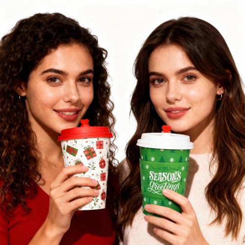 Red Green Christmas Hot Coffee Cups with Lids and Sleeves - 50 Pack, 12oz