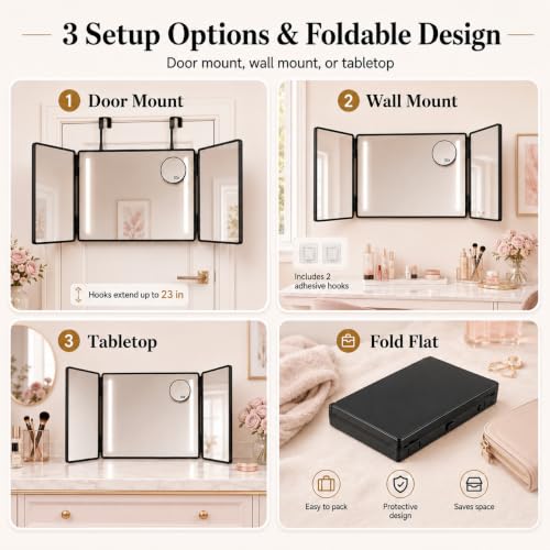 3 Way Makeup & Hair Styling Mirror with 10X Magnifier, LED Lighting, Adjustable Hooks