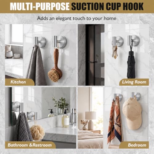 Suction Cup Shower Hooks No Drill 4 Pack - Brushed Nickel, Silver / 2 Pack