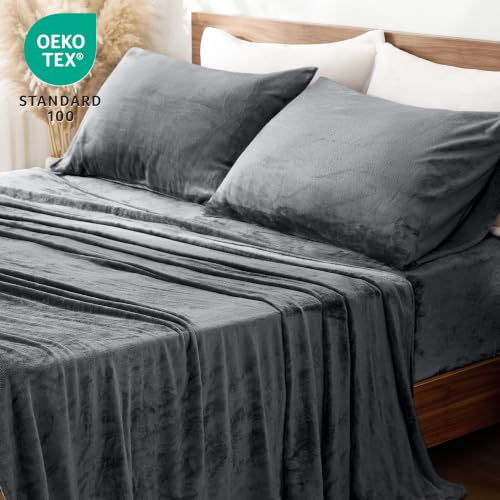 Love's Cabin Flannel Sheets Set Queen Grey 4 Pieces Deep Pocket