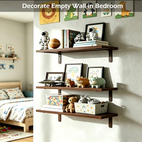 Set of 6 Wooden Floating Wall Shelves - Rustic Farmhouse Wall Storage