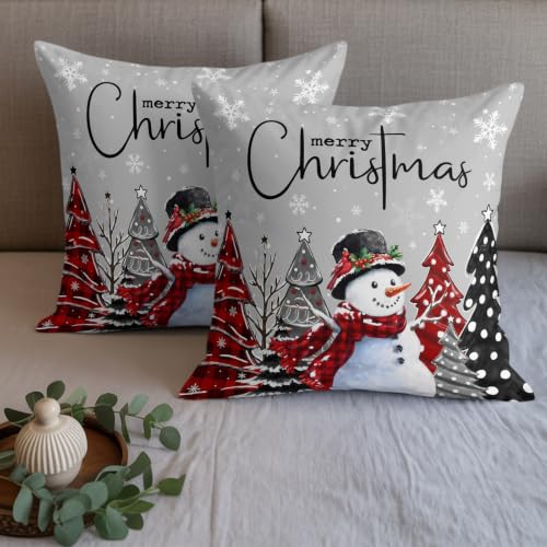 Queen Size Christmas Bed Runner with Pillow Covers - Gray Green Snowman & Pine Tree Pattern, 83x20 Inches - Holiday Decor