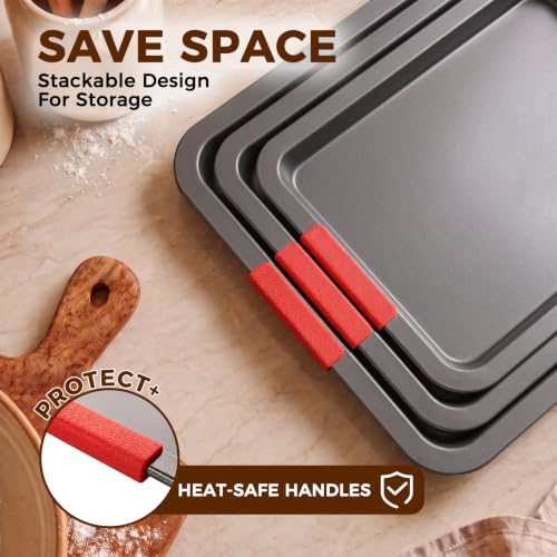 Nonstick Cookie Sheet Set of 3 - Carbon Steel Baking Pans with Lychee Handles, Gray Variation