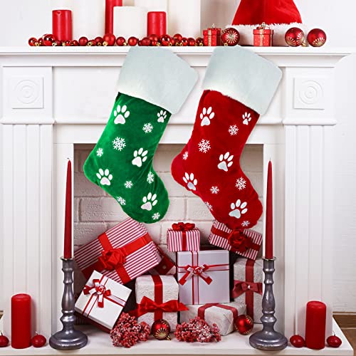 Large Christmas Stockings Set 2pcs Dog Paw & Snowflake Pattern Holiday Decor