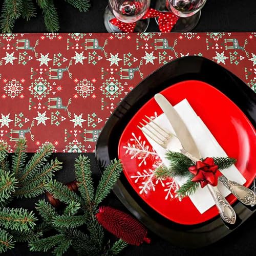 Christmas Table Runner Red with Reindeer Snowflake Geometric Pattern 13x48 Inches - Farmhouse Holiday Decor