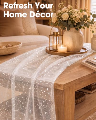White Silver Foil Tulle Table Runner 27.5 x 120 Inches - 2 Pack, Elegant Wedding Decor