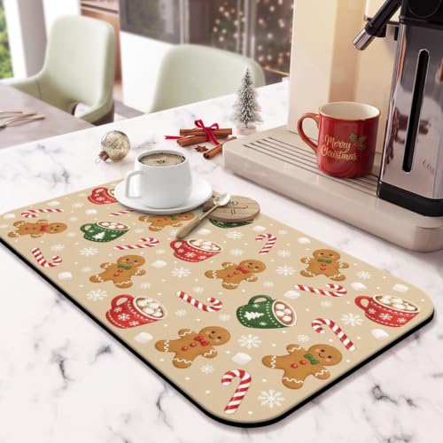 Beige Christmas Gingerbread Coffee Mat 19x12 Inches Anti-Slip Absorbent Counter Protector