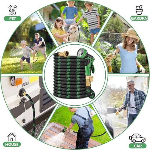 Black Green 100ft Garden Hose with 3/4 Inch Brass Fittings, Lightweight, Kink-Resistant & Leak-Free