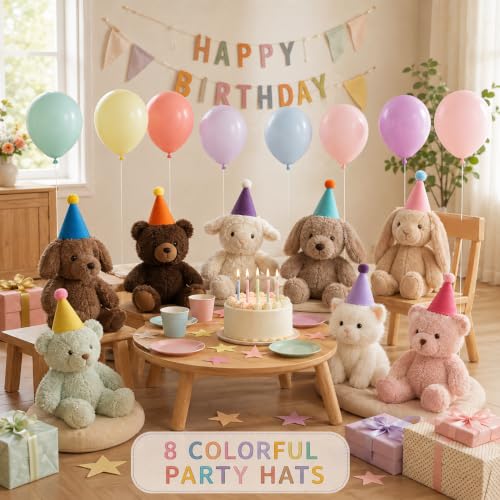 Mini Party Hats with Balloons for Stuffed Animals - Felt Pom Poms, 12" Latex