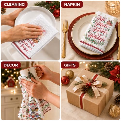 Christmas Kitchen Towels Multi 1665 - Soft Absorbent Waffle Hand Towels (4 Pack)