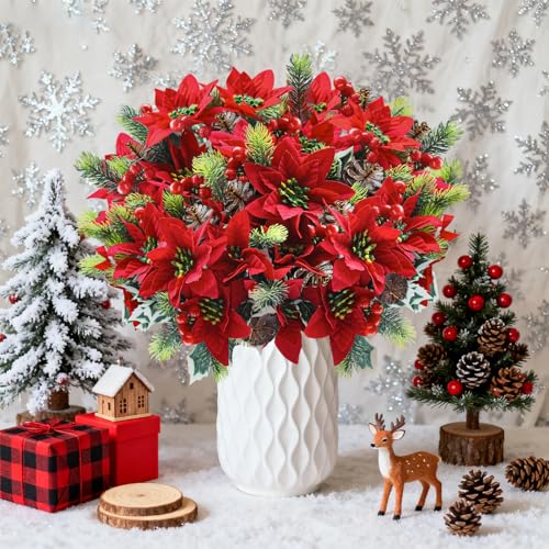 Artificial Christmas Poinsettia Flowers with Red Berries - Red & Green, 12 Pcs