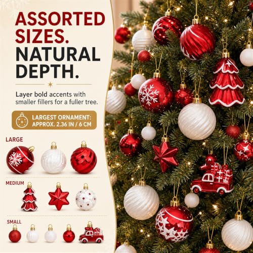42 Pack Shatterproof Christmas Ornaments - Red & White Holiday Tree Decorations