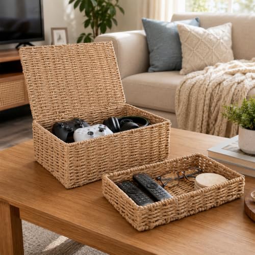 Decorative Storage Baskets with Lids - Woven Paper Rope Organizers Set