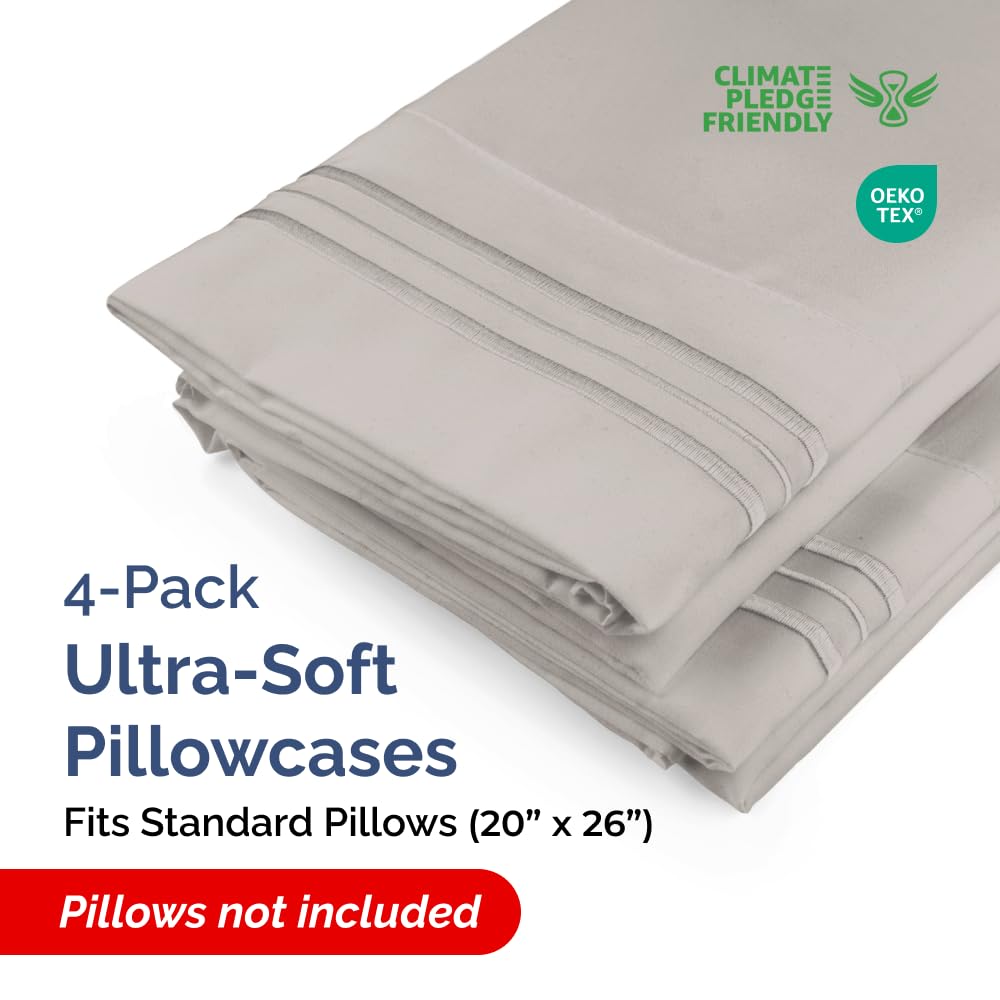 Standard Pillow Cases Set of 4 - Ultra Soft Hotel Quality Pillowcase Covers - Comfy Bedding for Women, Men, Kids & Teens - Machine Washable Pillow Protectors - 4 Piece Set - Standard Size Light Grey