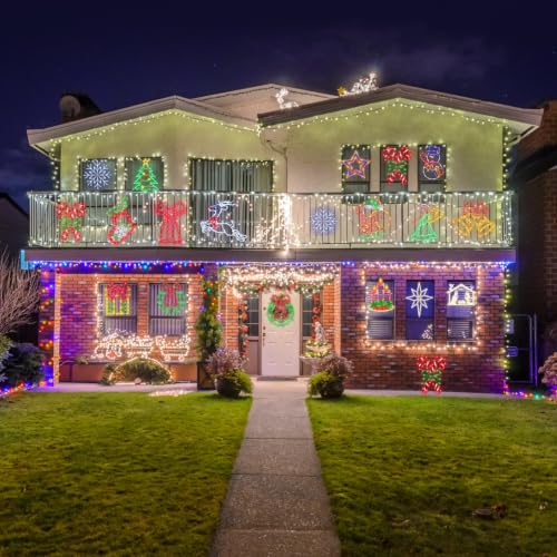 Christmas Window Silhouette Lights - 16 Inch LED Holiday Decorations with Variation Wreath & Bow & Star & Candy Cane & Santa & Stocking