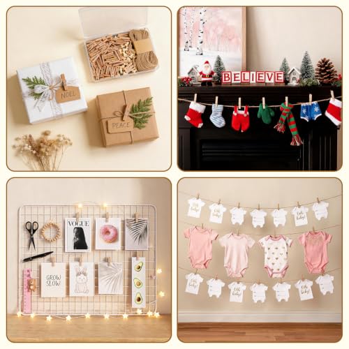 Mini Clothespins for Photos with Jute String - 100 Pcs, Wall Decor