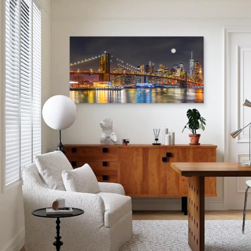 Brooklyn Bridge Night Skyline Canvas Wall Art - 58x29 Inches Colorful