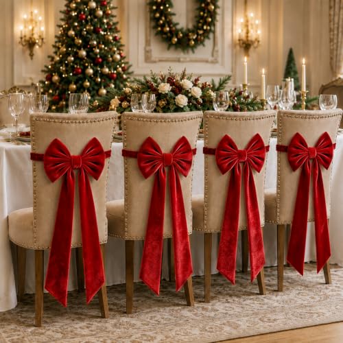 4PCS Red Christmas Bow Chair Sashes Elastic Velvet Decor