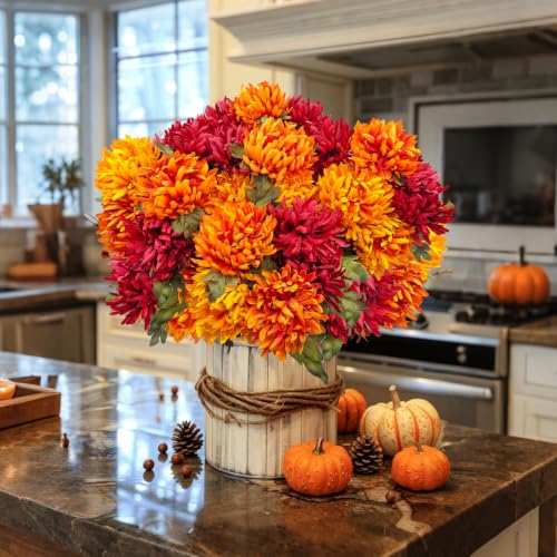 Fall Artificial Mums Flowers - 2 Bundles, 14 Heads, Orange Red