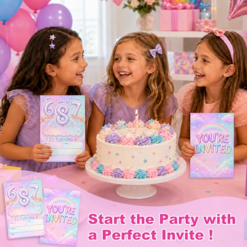 8th Birthday Invitations Rainbow Balloon Party Invites Pink - Pastel Rainbow Variation