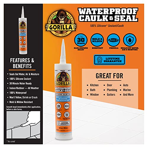 Gorilla Waterproof Caulk & Seal Silicone Sealant, 10oz Cartridge (Pack of 1) - White Caulking Sealant for Kitchen, Window, Bath, Marine, Door and More