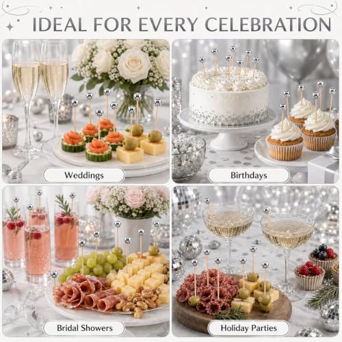 Silver Disco Ball Cocktail Picks - 200 Pack for Drinks, Appetizers & Parties