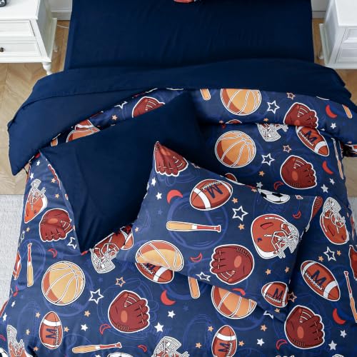 Glow in the Dark Blue Soccer Basketball Bedding Set Full Size for Boys Teen - 4 Pieces with Comforter Pillow Sham