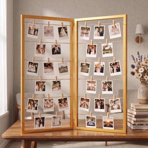 Gold Photo Display Board, Picture Collage Holder with Rope & Clips