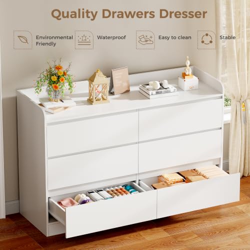 White Dresser with 6 Drawers - Modern 6-Drawer Bedroom Chest | Anti-Tip, MDF