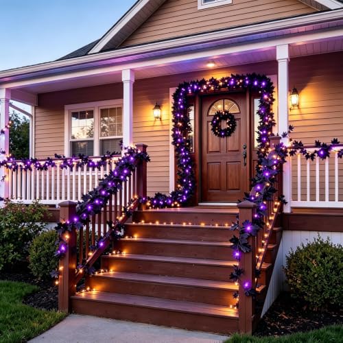 Black Maple Leaf Garland with Purple LED String Lights - Halloween Decor