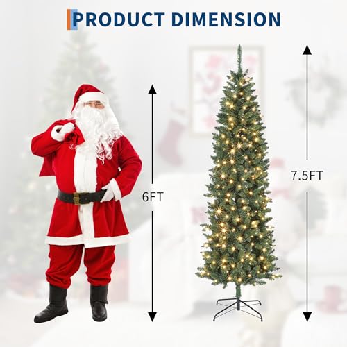 GAOMON 7.5FT Artificial Christmas Tree - Pre-Lit Green Slim Xmas Tree with LED Light & Stand