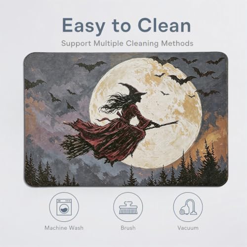 Purple Witch Bath Mat - Vintage Full Moon Bat Halloween Bathroom Rug