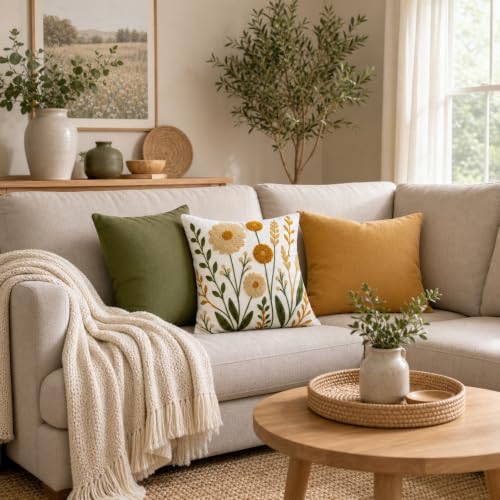 Golden Meadow Embroidered Floral Throw Pillow Cover 18x18 Inch - Pack of 1