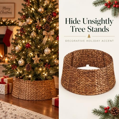 24 Inch Woven Water Hyacinth Wicker Christmas Tree Collar Basket with Cord Cutout