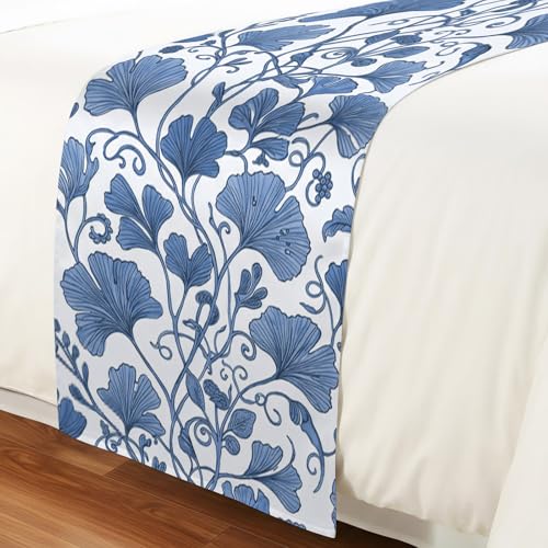 Blue Ginkgo Leaf Bed Runner Cal King Size Farmhouse Botanical Table & Bed Decor - 102x20