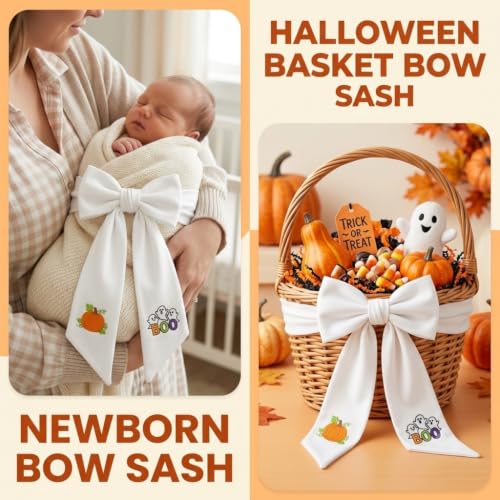 Fall Halloween Wreath Sash with Embroidered Ghost and Pumpkin - 59 Inch Seasonal Decor