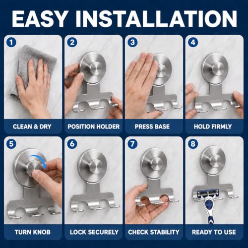 Brushed Silver Suction Cup Razor Holder for Shower Wall Mount Hook - Round