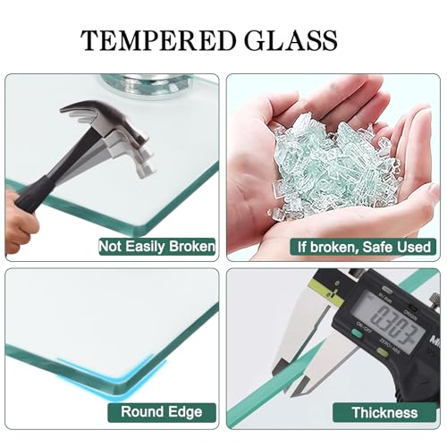 16-Inch Glass Floating Shelves for Bathroom, Kitchen & Living Room - 3 Pack, Tempered Glass with Zinc Alloy Brackets